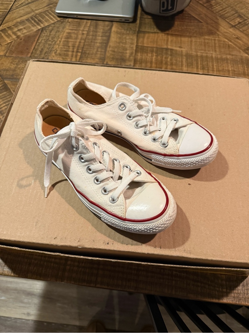 Converse Low Top Canvas Sneakers in White with Red Stripe